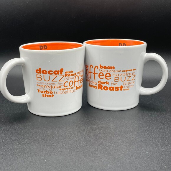 His Hers Dunkin' Donuts DD Pair of 2011 White Orange Coffee Mugs 14 oz. Words - Picture 2 of 7